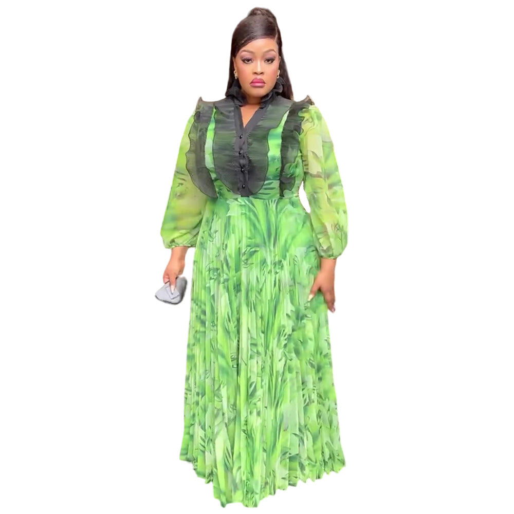 Amazon cross-border fashion: elegant long pleated skirts, plus-size african women's clothing, printed chiffon dresses