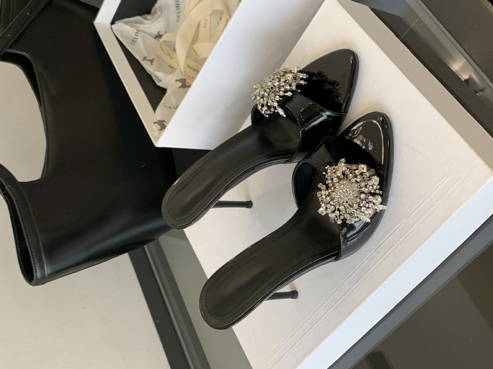 Sexy black high heels stiletto pointed toe elegant fashion one-strap rhinestone sandals women's summer outdoor wear