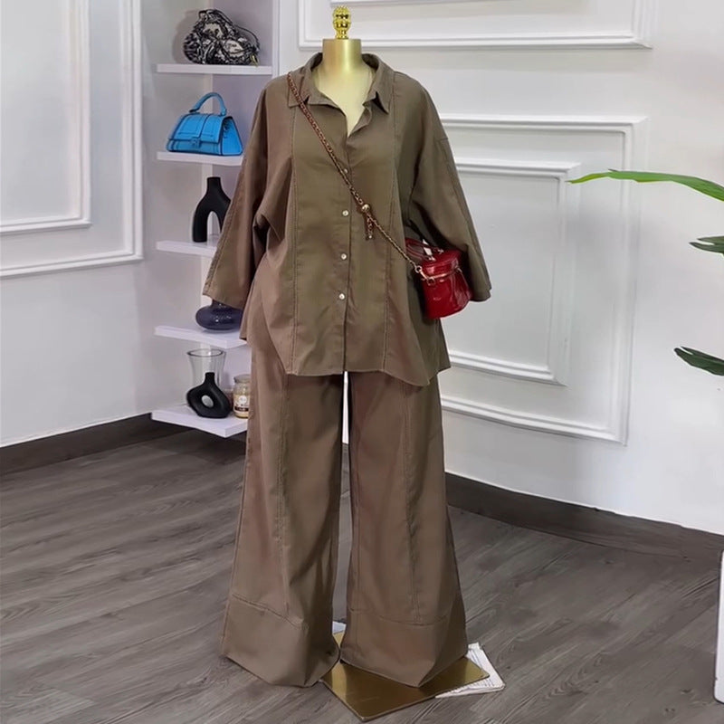 European and american cross-border women's fashion:  autumn new collection - stylish turn-down collar, loose-fit, three-quarter sleeve blouse and wide-leg pants set
