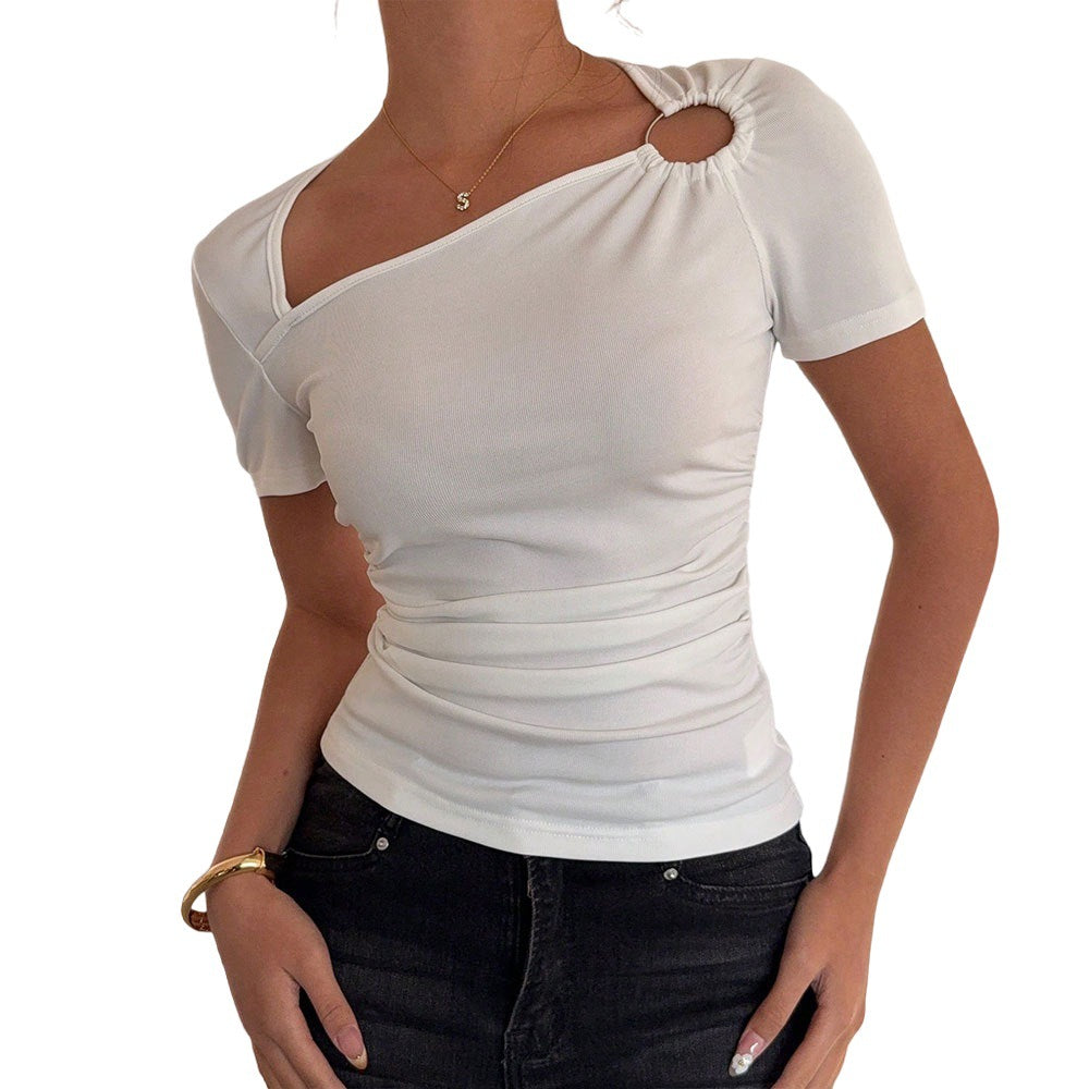 High-end, cool girl style t-shirt -  summer collection - tk  export women's slim-fit, waist-cinching, solid color short sleeve top