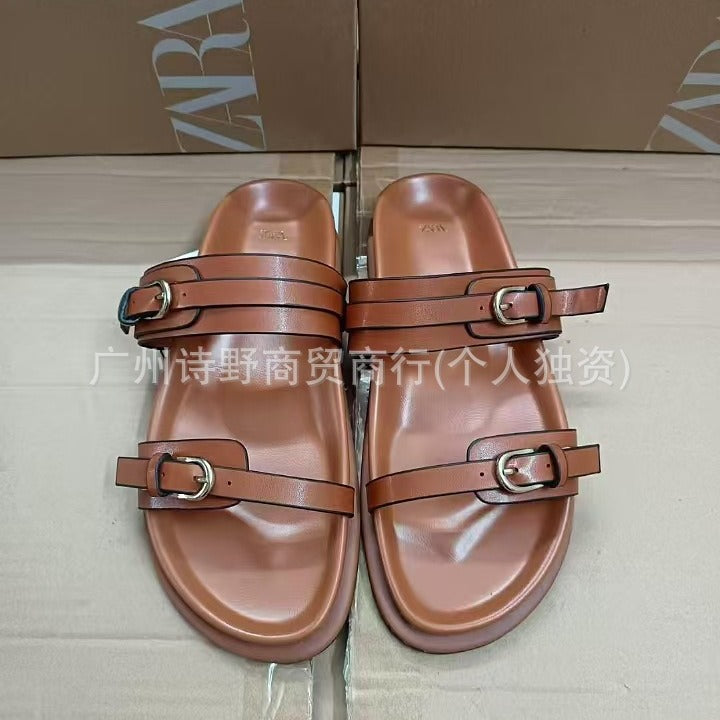 2024zaexportnew arrival women's shoes round toe one-piece buckle fashionflats shoes sandals home outwear