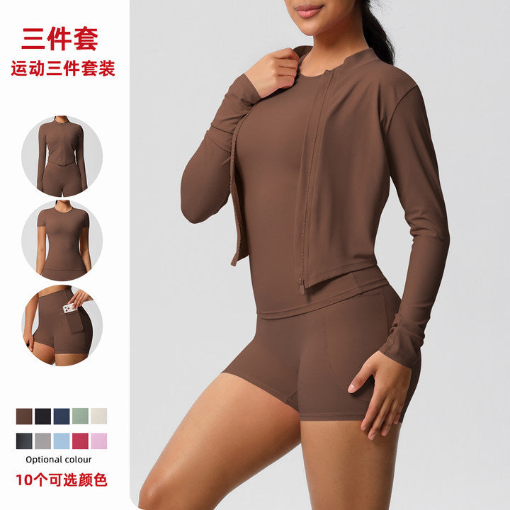 Fashion cross-border cloud-like brushed sports zipper outwearcasual running hip pocket shorts yoga clothes three-piece set