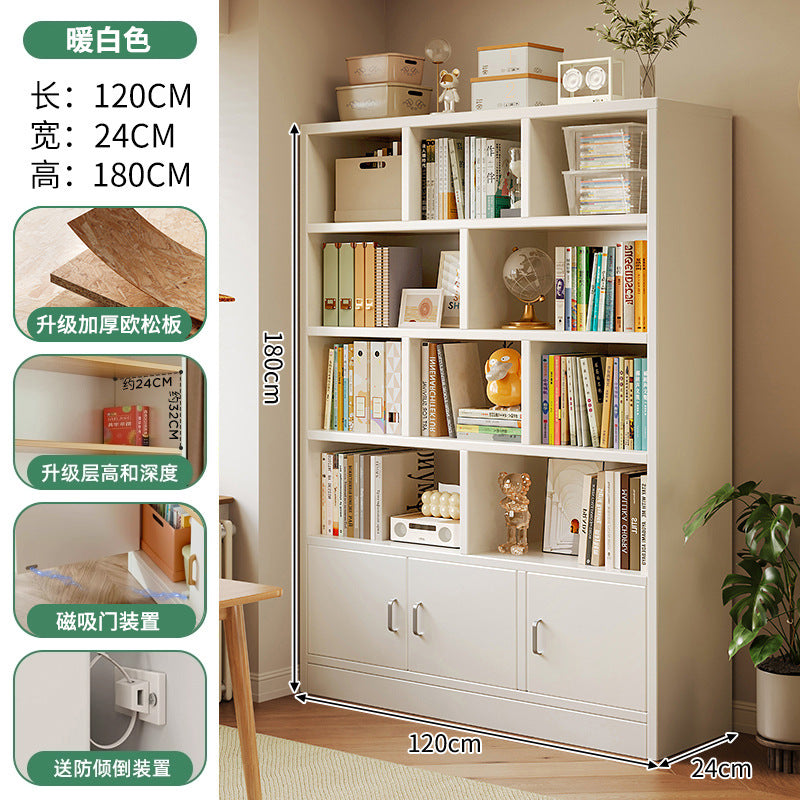 Simple bookshelf floor-to-ceiling against the wall, living room shelf layered storage rack, storage cabinet integrated, simple household bookcase