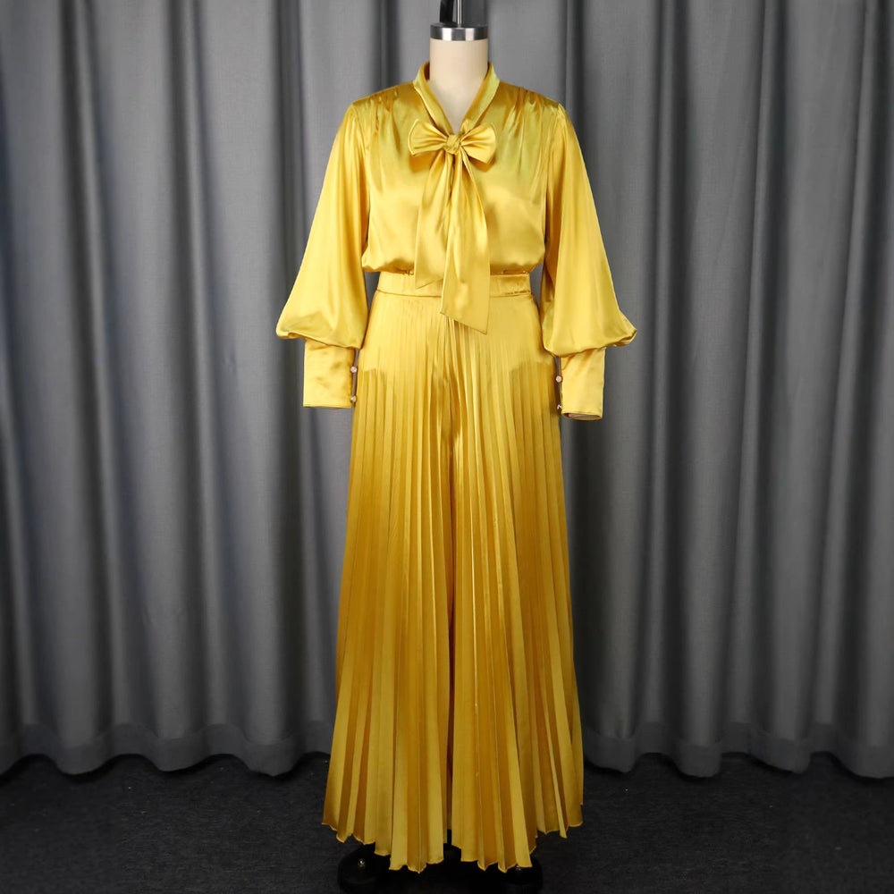 European and american sexy v-neck bow long sleeve top & elegant pleated wide-leg pants two-piece set