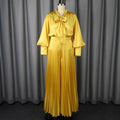 European and american sexy v-neck bow long sleeve top & elegant pleated wide-leg pants two-piece set