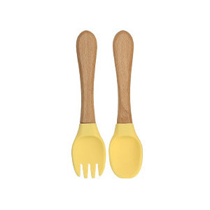 Factory direct sales silicone wooden handle complementary food fork and spoon  baby spoon baby training eating fork and spoon set wholesale