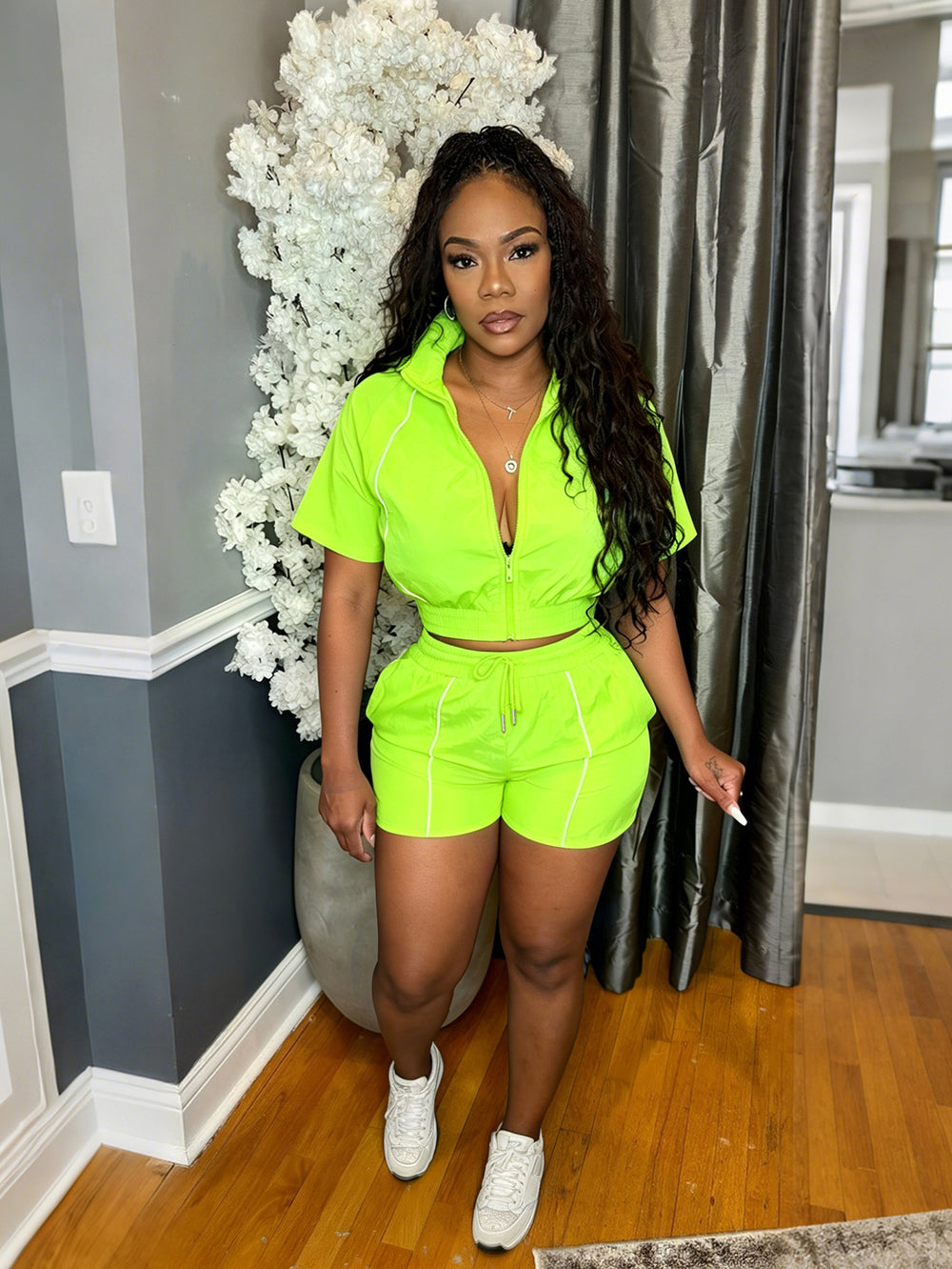 S391521 european and american fashion women's woven color block top and wide-leg elastic waist button-up sport shorts two-piece set