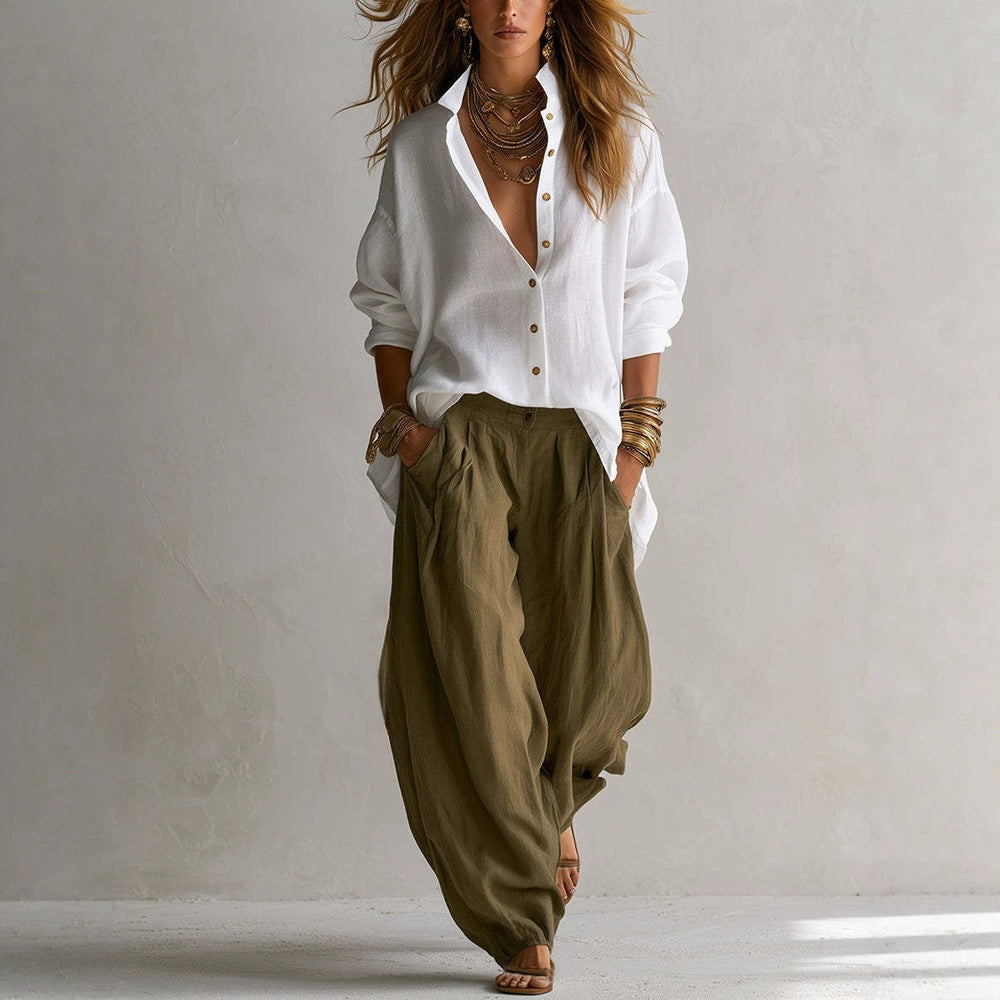 european and american cross-border women's fashion  spring/autumn collection: relaxed fit, high-end, effortless style long-sleeve top and pants two-piece set