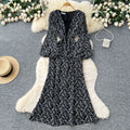 European and american style printed bubble sleeve dress - women's autumn slimming, figure-flattering, mature, chic, and exquisite long dress