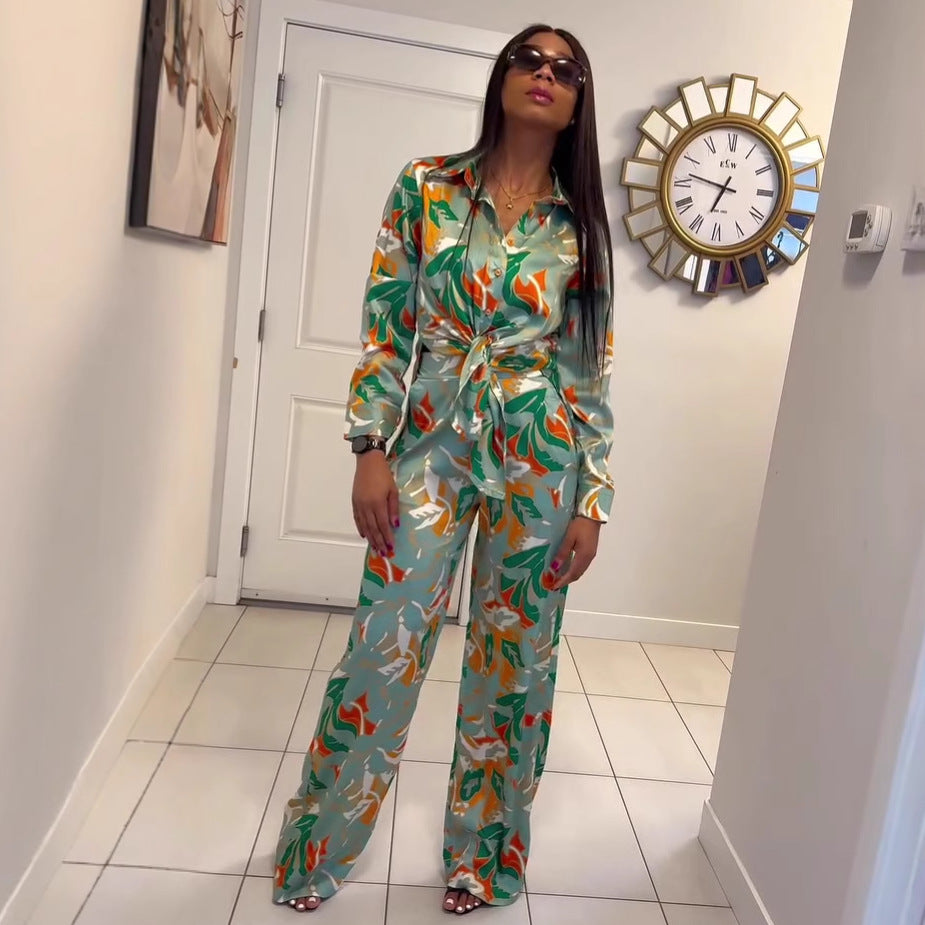 European and American fashion women's clothing lapel collar long-sleeved cardigan shirt trousers women's African temperament foreign style women's new two-piece set