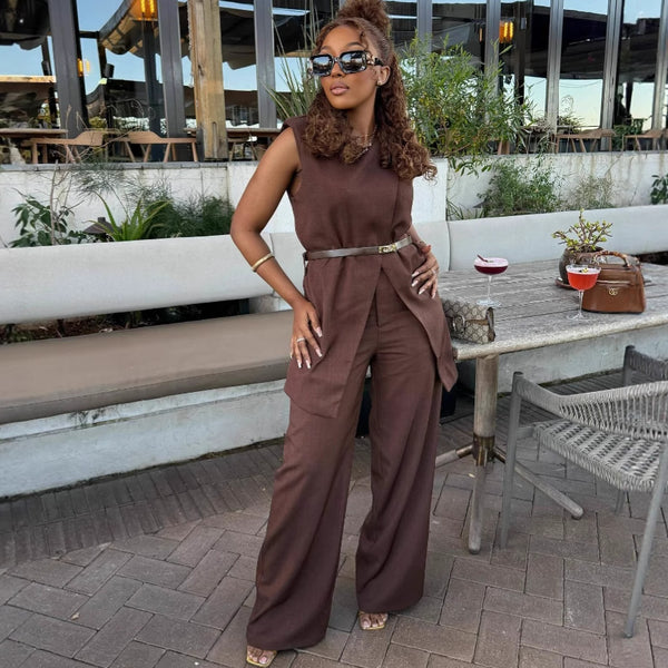 European and American women's sleeveless vest slim-fitting and thin split-ended top women's African high-waisted casual trousers new two-piece set