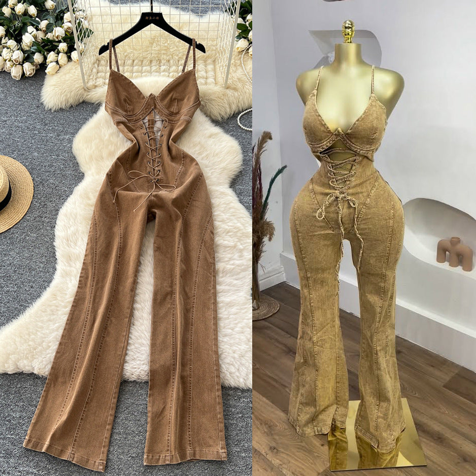 European and american style sexy hollow-out tie-up waist v-neck denim jumpsuit - women's fashion hot girl slim fit flare pants