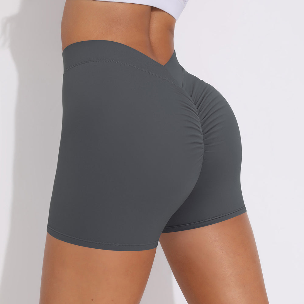 brushed v-waist pleated pure color peach butt yoga shorts sports running fitness tight three-quarter pants for women