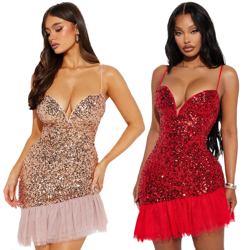 901526 European and American sequined suspender dress, ball dinner dress, hip-wrapped short skirt,  splicing lotus leaf hem