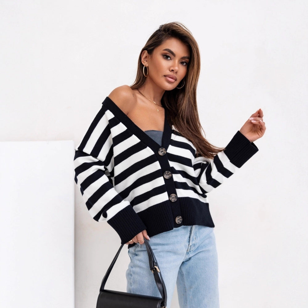 Europe, America,  autumn and winter new striped threaded knitted cardigan women's casual lazy versatile women's sweater