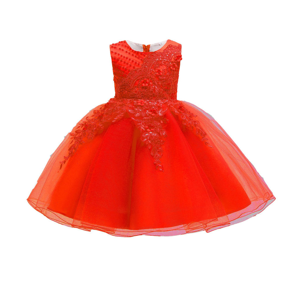 Plus size european and american style children's formal dress - pearl and sequin wedding dress, princess gown for flower girls, elegant performance mesh tutu skirt