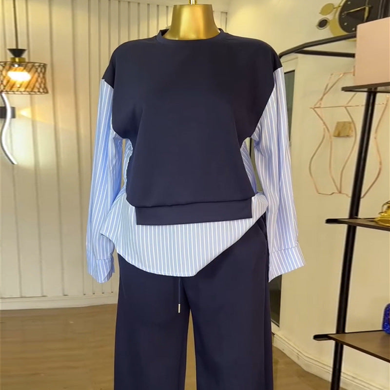 European and american cross-border women's fashion:  summer new collection - stylish round neck striped patchwork top and high-waisted casual pants set