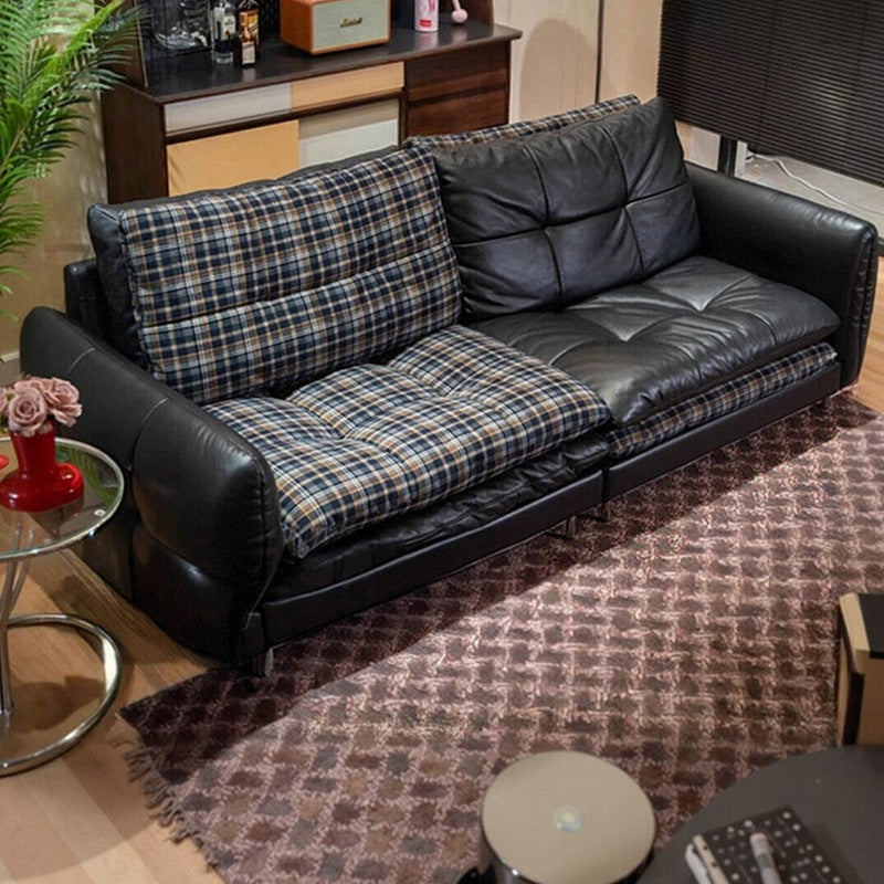 Double-sided genuine leather sofa, small apartment leather and fabric combination, removable and washable hamburger sofa, down-filled, vintage-style oil-waxed leather sofa