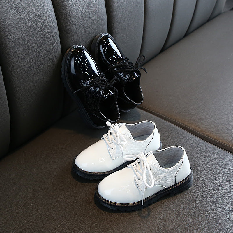 Kids' shiny leather dress shoes - unisex, british style, lace-up, black & white, soft sole, non-slip, perfect for school & performances
