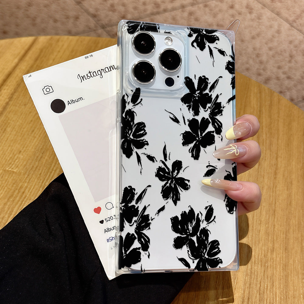 Black floral square case for apple 17 pro max, shockproof iphone 16 transparent 13 protective cover