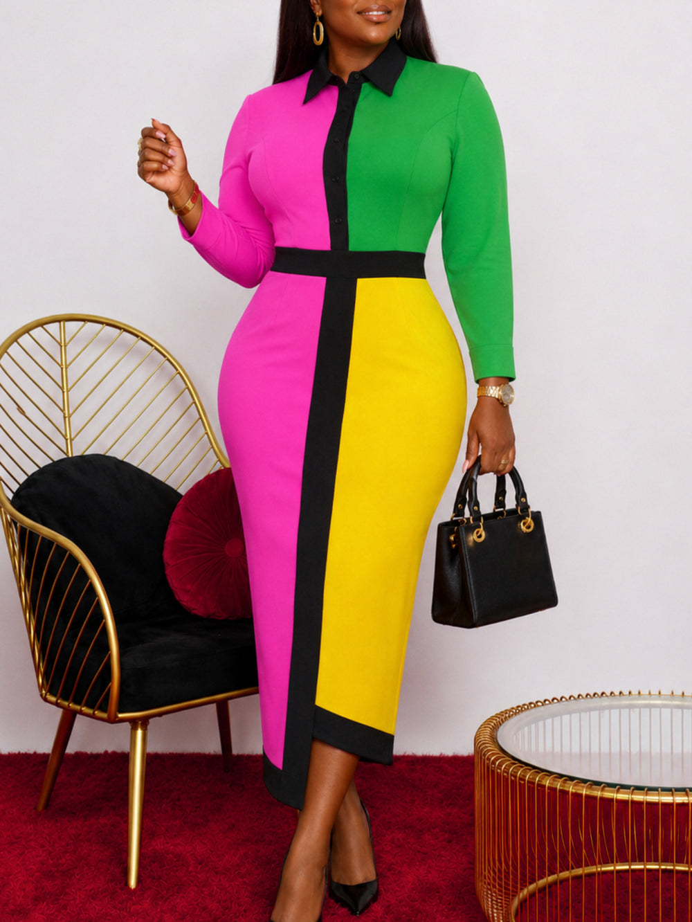 Fall and winterlong sleevespatchworkcontrast color slitelegancedress shirt collarwork clothing dinner hip-covering dressdresses