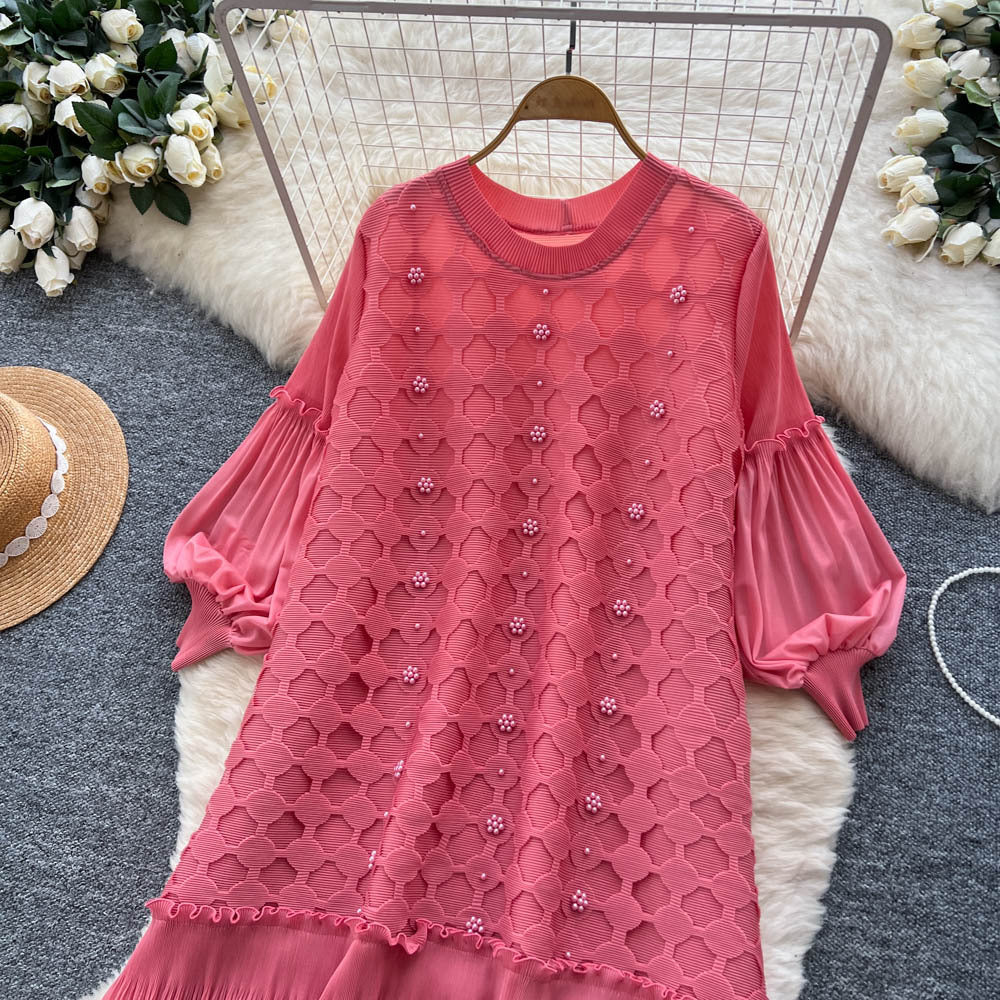 European and american fashion heavy beaded lantern sleeve loose pleated dress women's  autumn casual high-end long dress
