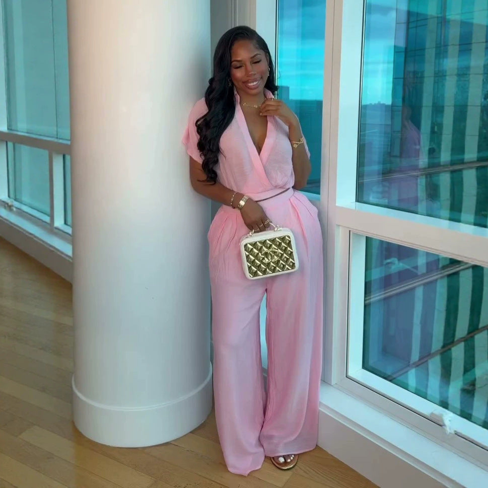 European and american cross-border african women's clothing  summer new casual fashion v-neck short sleeve shirt wide leg pants set