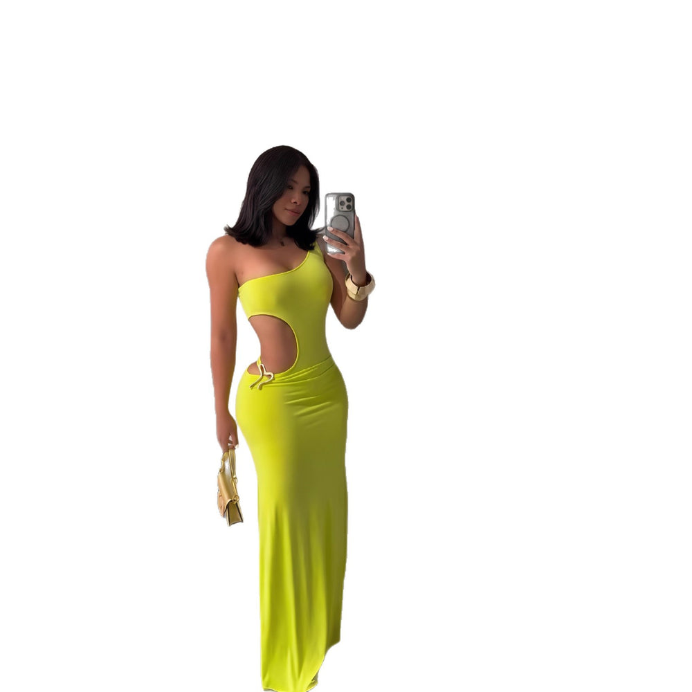 European and american cross-border women's fashion:  autumn new arrival - solid color sleeveless asymmetrical neck one-shoulder cutout off-shoulder maxi dress