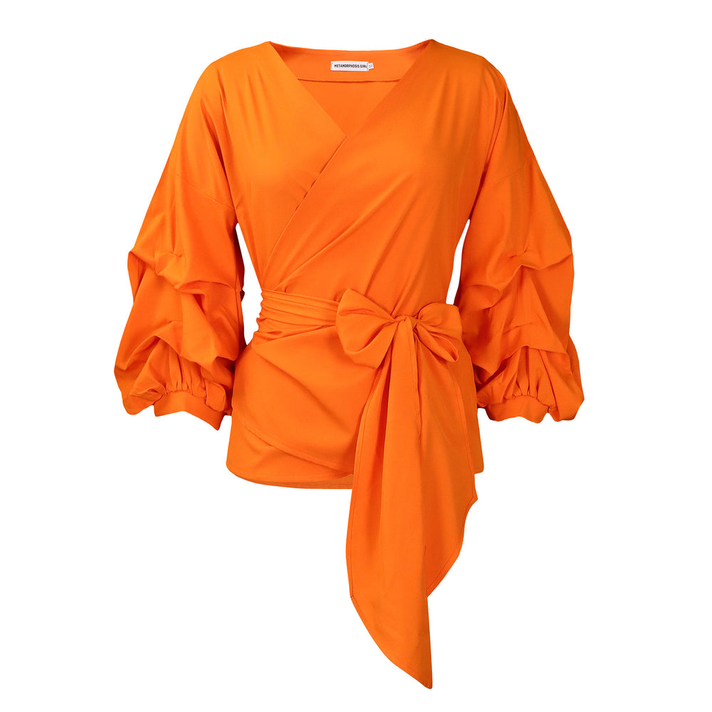 C8620  foreign trade women's fashion solid color sexy criss-cross tie-up puff sleeve v-neck blouse african top