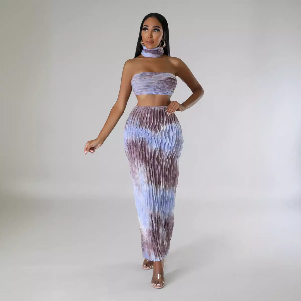 European and american cross-border fashion sexy women's clothing  summer new arrival: halter neck wrap, backless maxi dress three-piece set