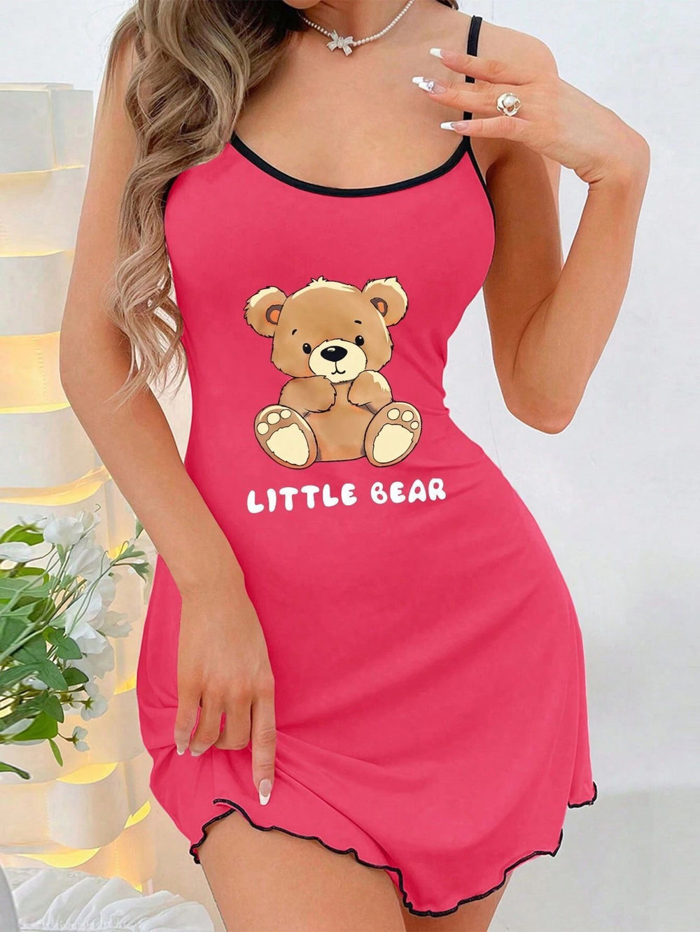 Bear print cami slip dress - women's summer comfort loungewear, sexy mini dress (can be worn outside)