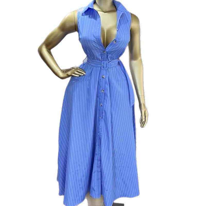 European and american cross-border women's fashion:  autumn new arrival - elegant sleeveless blue striped tie-waist shirt dress