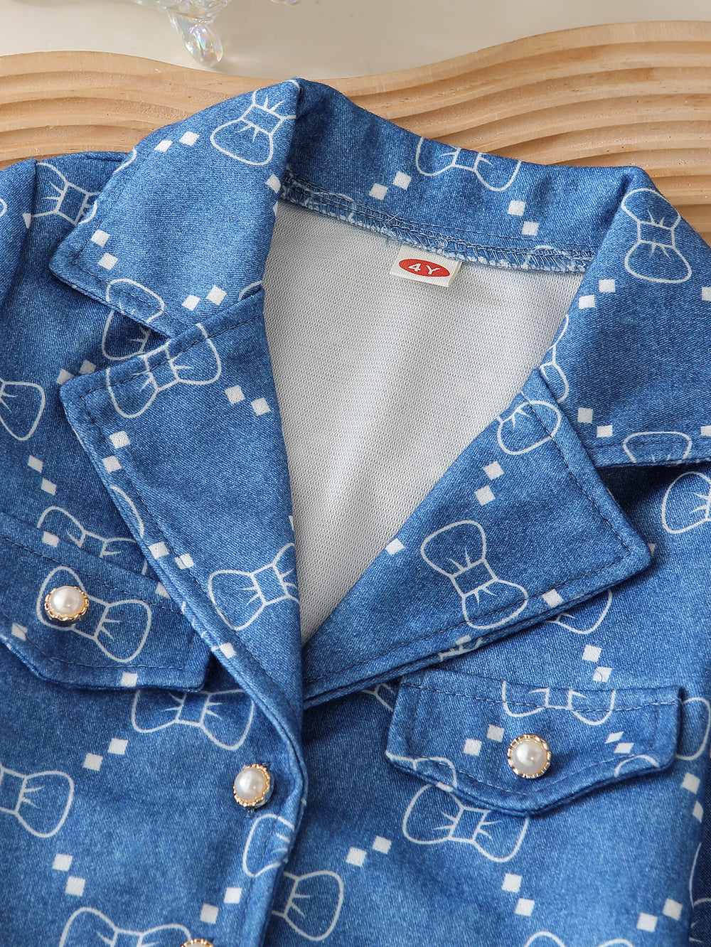 girls' fashion denim-style printed set with turn-down collar + pleated skirt top set