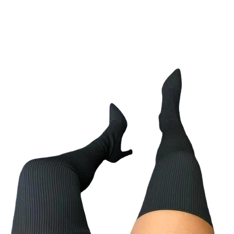 Autumn winter pointed toe thick heel knitting over-the-knee boots women's fashion cross-border exportplus size elastic wool socks boots