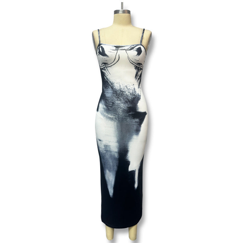 Amazon  independent station best sellingfashion hot girl style casual popular printing low-cut suspender dress for women