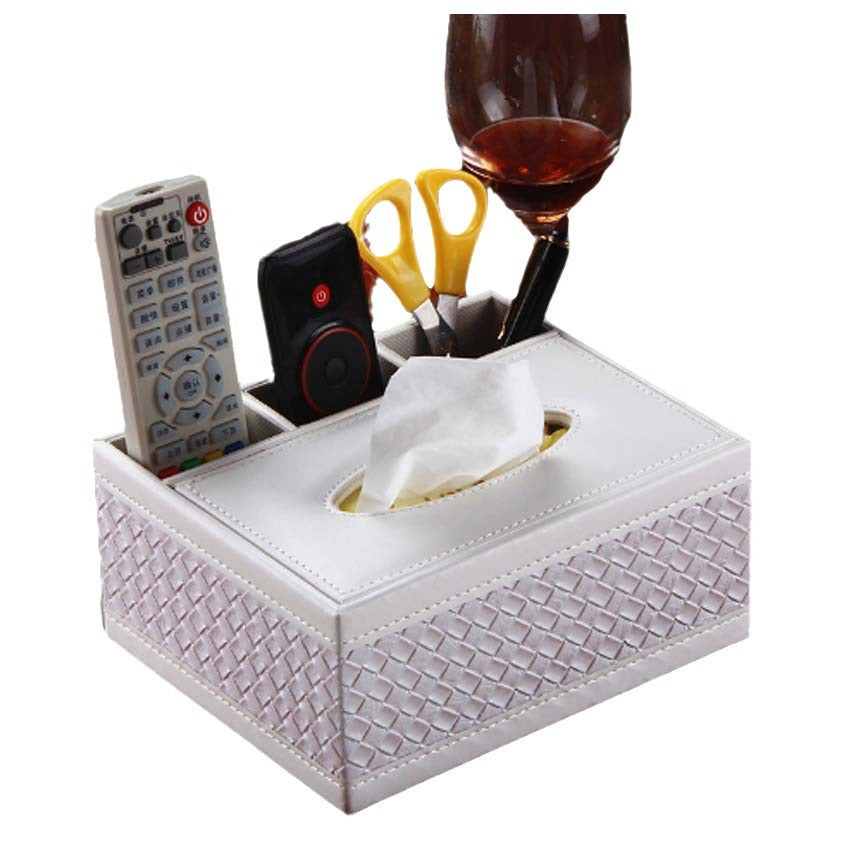 Hotel multi-functional leather PU tissue box, creative household leather woven pattern paper box, European remote control