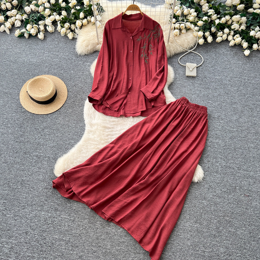Gentle and lazy style stereo flower embroiderlong sleevesshirt suspender skirttwo-piece setfemaleautumslimming lookelegant