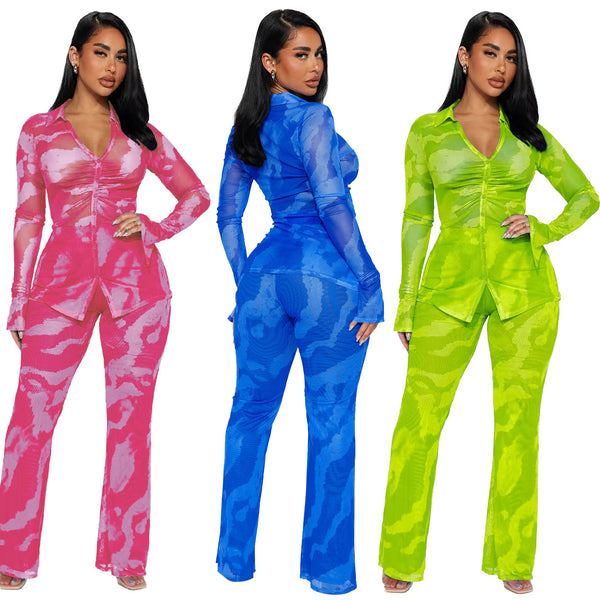 YD8772-C6 European and American women's clothing, 's new models, sexy and fashionable mesh printing two-piece set, , women's