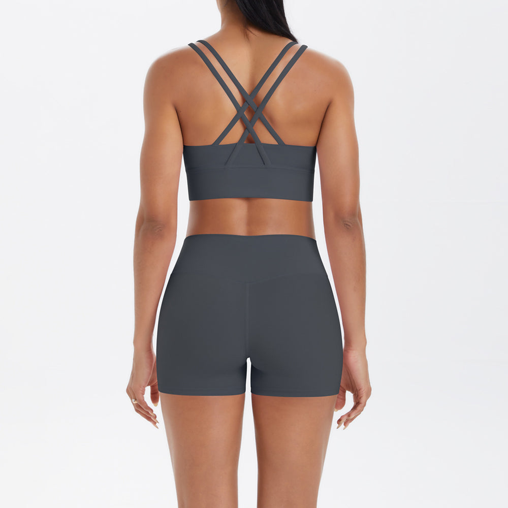Fashion cross-border nude brushed cross back bra casual sports hip lifting shorts fitness yoga wear two-piece set