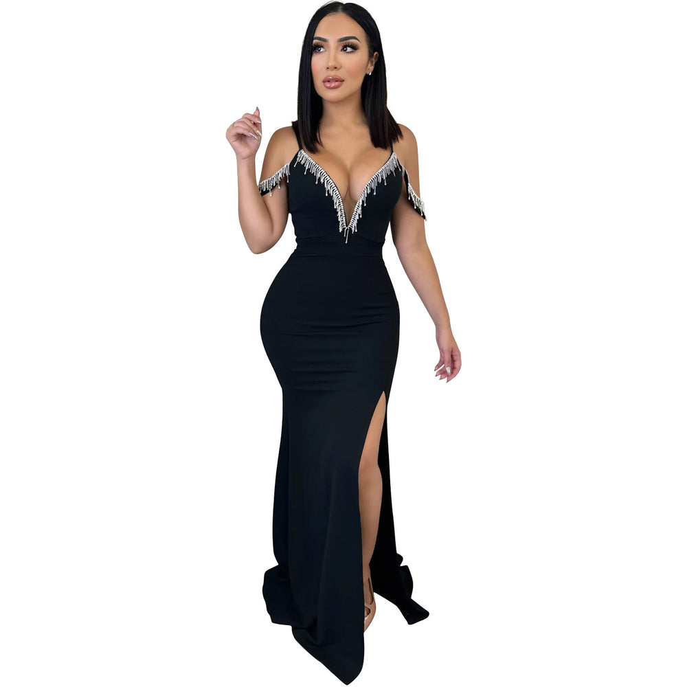 C6771 cross-border   fashion women's solid color tassel strap maxi dress