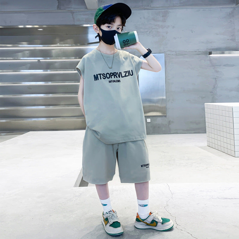 Boys' summer outfit  new style: sleeveless summer set for kids, stylish and trendy, mid-to-large size children's clothing, sportswear, handsome look