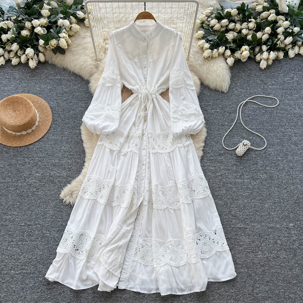 Frenchretrolacepatchworkcut outdress women's sweet strapslong sleeves waist tie backeleganceelegant long skirt