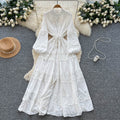 Frenchretrolacepatchworkcut outdress women's sweet strapslong sleeves waist tie backeleganceelegant long skirt
