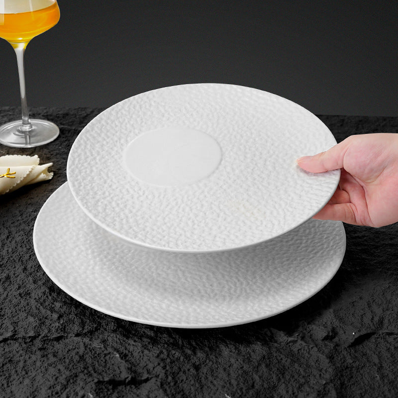 Minimalist white ceramic stone texture round dinner plate - embossed texture ceramic plate - high-end steak plate for restaurant - food serving plate