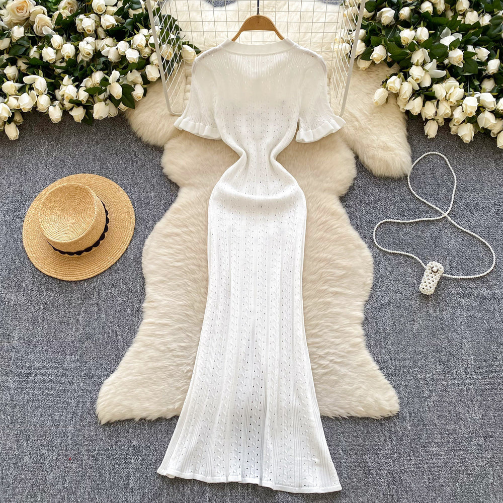 European and american style minimalist knitted dress - women's summer single-breasted hollow-out slimming design - light luxury elegant maxi dress