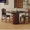 Wabi-sabi style solid wood rock slab vintage black creative round dining table, high-end dining table, french retro dining table