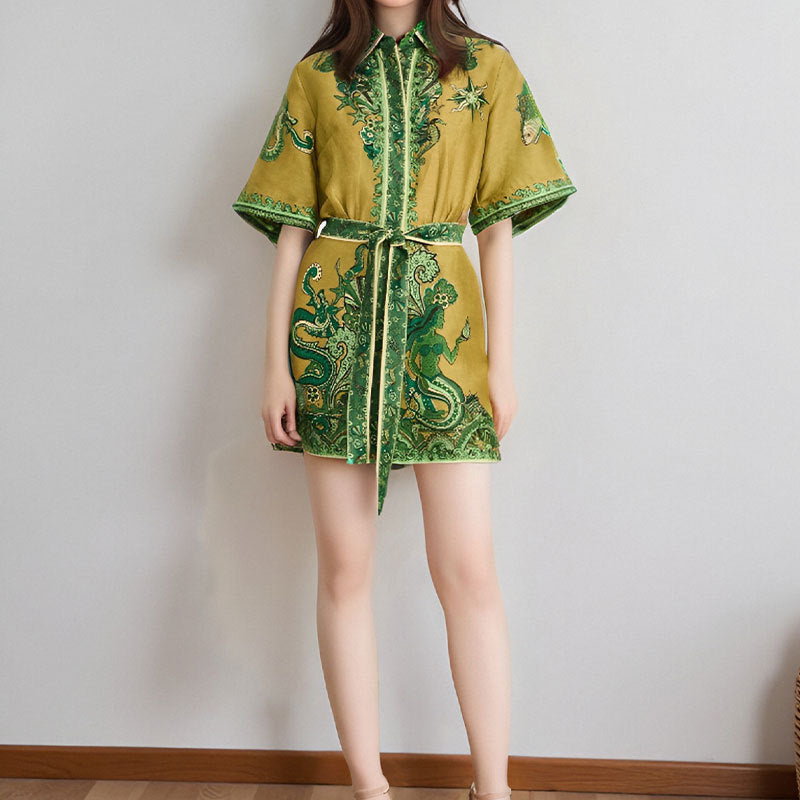 cross-border e-commerce european and american women's clothing: new summer collection - fashionable plant print, collared, tie-waist mini dress
