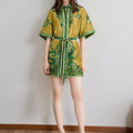 cross-border e-commerce european and american women's clothing: new summer collection - fashionable plant print, collared, tie-waist mini dress
