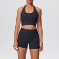 New arrival cross-border pure color double-sided brushed tight haltershorts yoga suit sports running fitness two-piece set