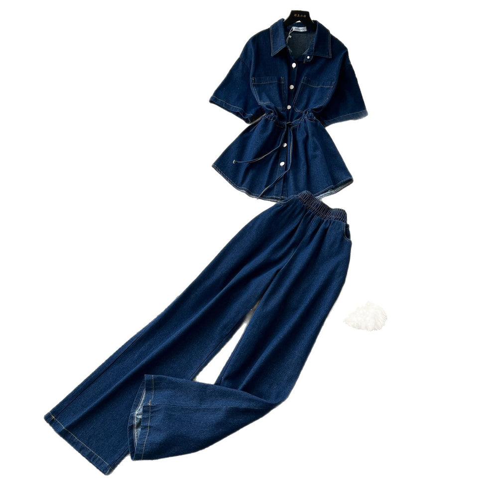 Retro hot girl style denim suit women's summer drawstring polo collar shirt tops elastic waist wide leg silm pants